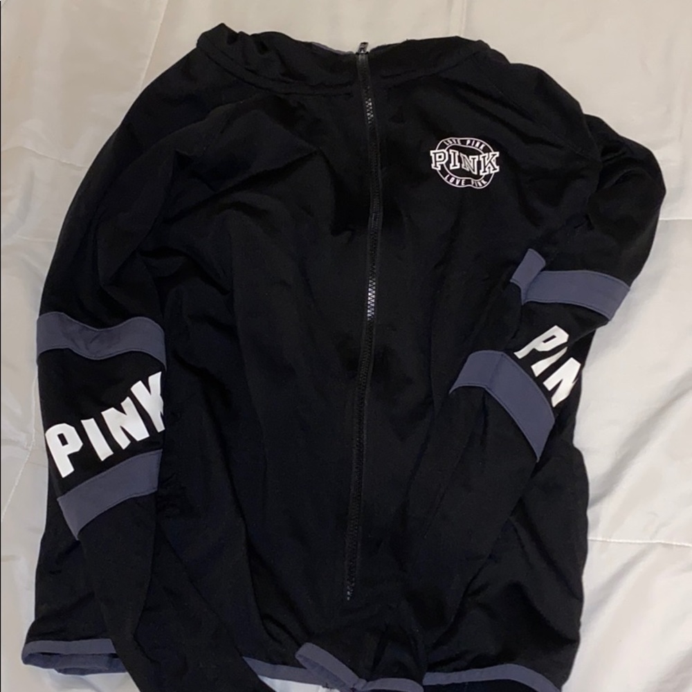 VS pink black zip-up hoodie.
